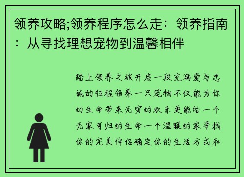 领养攻略;领养程序怎么走：领养指南：从寻找理想宠物到温馨相伴